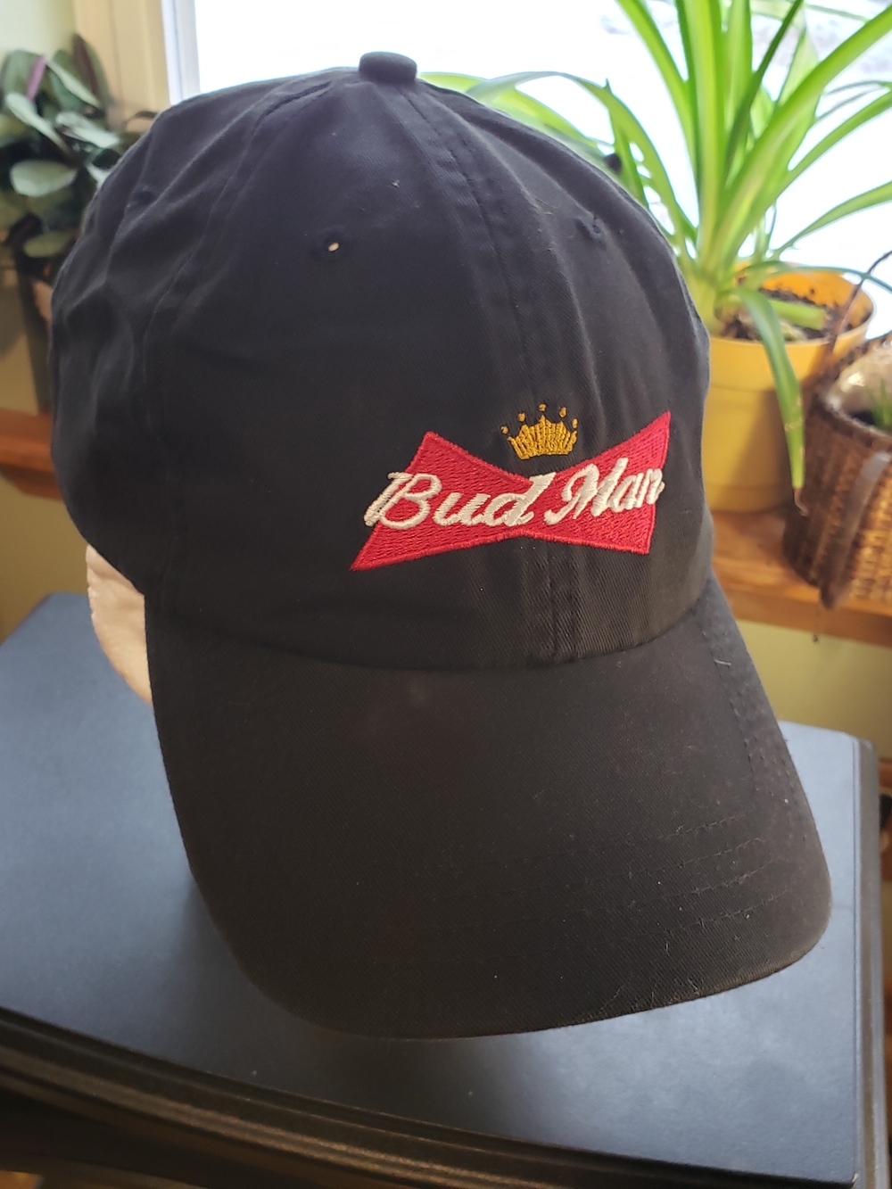 Bud Man Budweiser Black W/Red  Logo Baseball Cap 100% Cotton Adjustable Strap